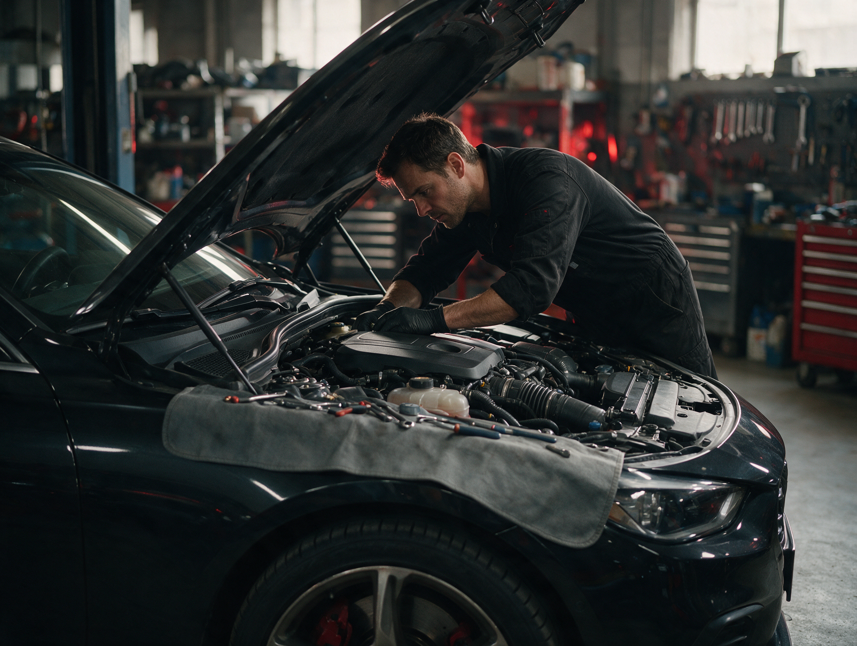 Mecánico de JCR Motorsport revisando el motor de un coche de un cliente del barrio de Legazpi